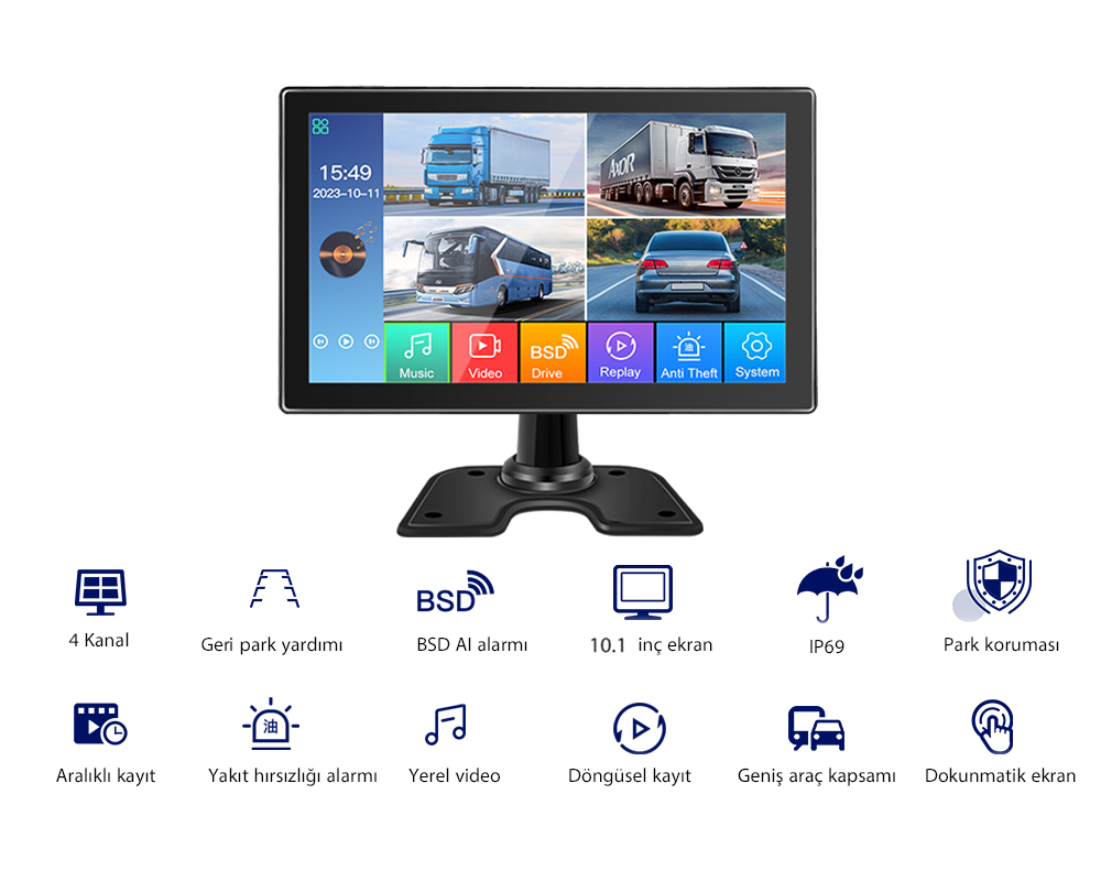 10,1 İnç Büyük Kamyon 360° Kör Nokta İzleme Sistemi